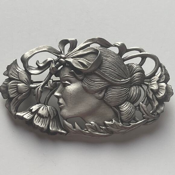Jonette Jewelry Jewelry - JJ Jonette Art Nouveau Brooch Woman Face Flowers Signed